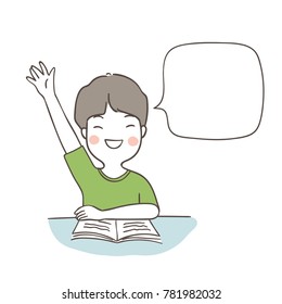 Vector illustration design hand draw character design a boy hand up in classroom for the answer.Doodle cartoon style.