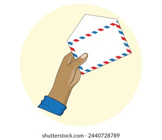 vector illustration design of a hand holding a white letter envelope with a red and blue border