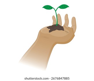 Diseño de Ilustración vectorial de una mano que sostiene un brote de planta con hojas verdes y tierra en la parte inferior