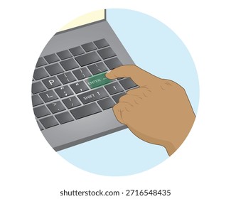 vector illustration design of a hand with the index finger pressing a special key, the enter key on a laptop
