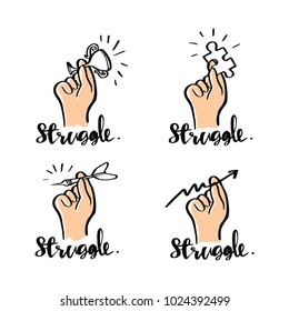 Vector illustration design Hand raised elements present to struggle collection set, struggle, challenge, success, strategy business concepts.