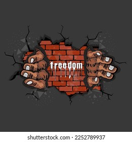 vector illustration design of hand symbol for freedom isolated cracked wall