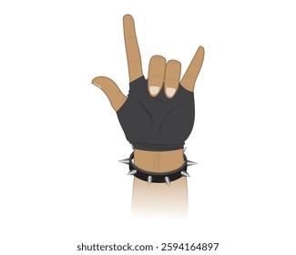 Vector illustration design of a hand wearing a black glove and rock or punk bracelet accessory making a symbol using its fingers