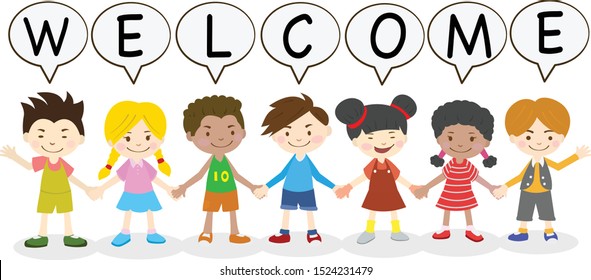 Vector Illustration Design Of Happy Funny smiling Kids children Welcome