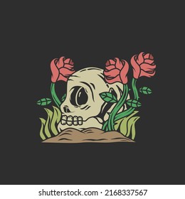 vector illustration design of head skeleton among plants and roses.design concept for rock and metal music