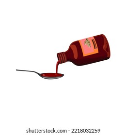 Vector illustration design of herbal syrup medicine bottle with red liquid flowing into spoon.