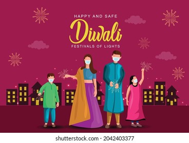 Vector Illustration Design Of Hindu Family Celebrating On Happy Diwali Indian Holiday Background. Covid 19, Corona Virus Concept