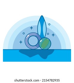 
vector illustration design. An image of holiday equipment at the beach in summer. Blue surfboard, blue rubber ball, blue buoy on a blue background