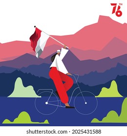 Vektorgrafik-Design
Unabhängigkeitstag der Republik Indonesien auf 76 Jahre. (Indonesische Übersetzung: Unabhängigkeit Indonesiens).
Fahrradfahrer tragen rote und weiße Flaggen.