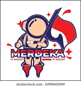 vector illustration design of Independence Day 17 August with an astronaut holding an Indonesian flag in peach and blue colors. suitable for logos, icons, posters, advertisements, banners, companies.