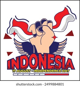 Vector illustration design of Indonesia 17 August Independence Day with a hand holding an Indonesian flag with wings in peach and blue colors in a simple style. suitable for logos, icons, posters, web