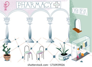 Vector illustration of design interior pharmacy or drugstore. Empty cash desk, shelves with medicines and medical products. Hospital and pharmacy interior, pharmaceutical emergency, medical service