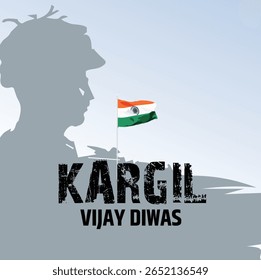 Projeto de ilustração vetorial de Kargil Diwas, visão lateral de soldado indiano em formato de silhueta e bandeira indiana