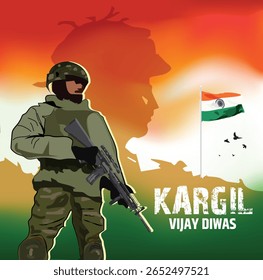 Projeto de ilustração vetorial de Kargil Vijay Diwas, soldado indiano vista lateral em formato de silhueta e soldado indiano bandeira de pé