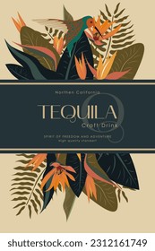 Vector illustration. Design for label, label, packaging of alcoholic and non-alcoholic drink. Tropical design, wild birds, palm branches. Branding.