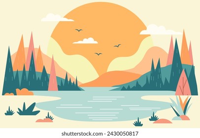 Vektor-Illustration Design der Lake River Landschaft mit Big Sun im Sommer