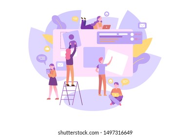 Vector illustration design of landing page. People team work together. Concept for website and mobile website design and development, business apps, marketing, social media apps.