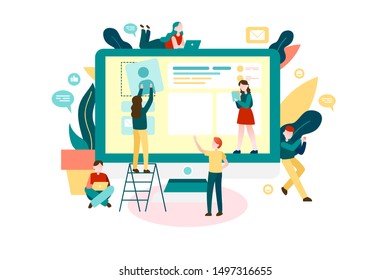 Vector illustration design of landing page. People team work together. Concept for website and mobile website design and development, business apps, marketing, social media apps.