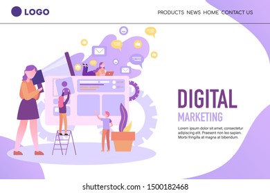 Design de ilustração vetorial da página inicial. A equipe de pessoas trabalha em conjunto. Conceito para design e desenvolvimento de site e site móvel, aplicativos de negócios, marketing, aplicativos de mídia social.