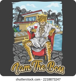 vector illustration design of a leopard wearing a swimming towel and a gold necklace sitting in the pool inside the villa