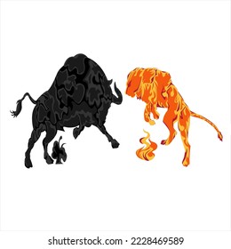 vector illustration design lion fighting  bull with elements of fire and smoke , simple design for cover or others