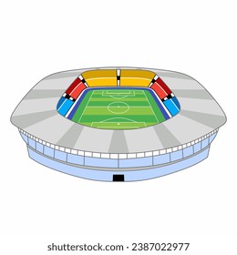 Vector illustration design of a logo or icon for a football stadium building with green grass and also equipped with stands for supporters of the two competing teams