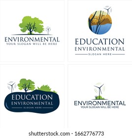 Logotipo de diseño de ilustración de vectores con simbolo hierba de tallo de árbol molino de viento y río adecuados para la educación medio ambiente escuela de estudiantes naturaleza exterior