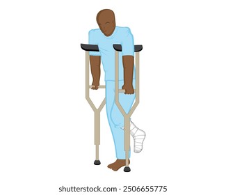 vector illustration design of a male patient who is walking using a walking aid called a crutches because his leg is broken and bandaged