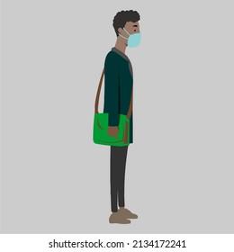 Dibujo vectorial del diseño, un hombre con el pelo rizado de pie con una máscara y una bolsa.
Diseño simple de ilustración vectorial.