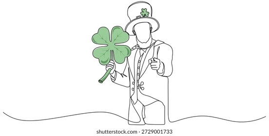 Design de ilustração vetorial de um homem em traje de santo patrick segurando uma folha de trevo, para o dia de santo patrick