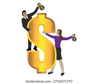 Vektorgrafik-Design eines Mannes, der auf dem Buchstaben $ steht als Symbol der US-Dollar-Währung aus Gold und eine Frau am unteren Ende beide halten Taschen mit Geld gefüllt