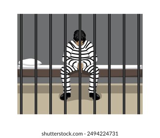 vector illustration design of a man wearing a white shirt with black stripes typical of criminal prison clothes sitting on his bed behind prison bars