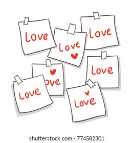 Vector illustration design many paper note write red word love for Valentine day.Draw doodle cartoon style.