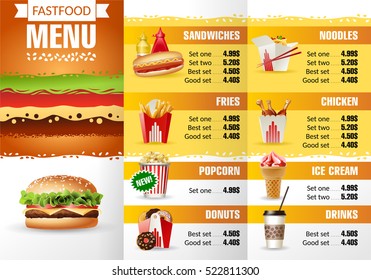 Vector Illustration Design Menu Fast Food Restaurant.