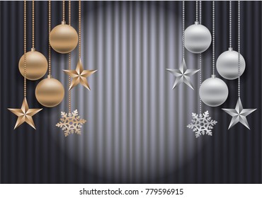 Vector illustration design for Merry Christmas and Happy New Year gold silver ball stars snowflake on gray fabric satin curtain with spot light background.