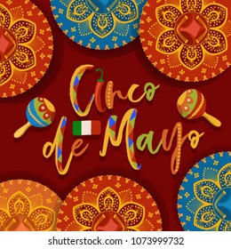 Vector illustration with design for Mexican holiday. Design for Mexican holiday 5 may Cinco De Mayo. Vector template with traditional Mexican symbols