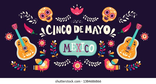 Vector illustration with design  for Mexican holiday 5 may Cinco De Mayo. Vector template with traditional Mexican symbols skull, Mexican guitar, flowers, red pepper