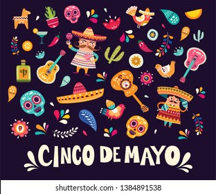 Vector illustration with design  for Mexican holiday 5 may Cinco De Mayo. Vector template with traditional Mexican symbols skull, Mexican guitar, flowers, red pepper