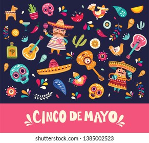 Vector illustration with design  for Mexican holiday 5 may Cinco De Mayo. Vector template with traditional Mexican symbols skull, Mexican guitar, flowers, red pepper