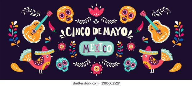 Vector illustration with design  for Mexican holiday 5 may Cinco De Mayo. Vector template with traditional Mexican symbols skull, Mexican guitar, flowers, red pepper
