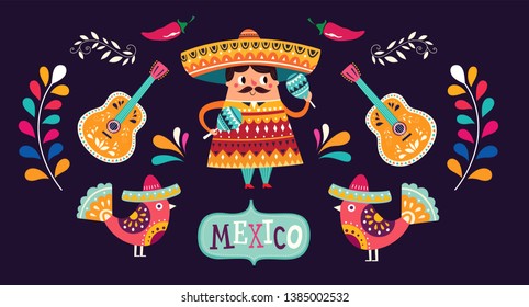 Vector illustration with design  for Mexican holiday 5 may Cinco De Mayo. Vector template with traditional Mexican symbols skull, Mexican guitar, flowers, red pepper