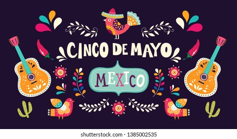 Vector illustration with design  for Mexican holiday 5 may Cinco De Mayo. Vector template with traditional Mexican symbols skull, Mexican guitar, flowers, red pepper