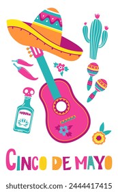 vector illustration with design for the Mexican holiday May 5, Cinco de Mayo. Vector template with tequila, sambrero, mexican guitar, flowers, red pepper