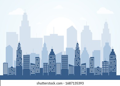 Vector illustration design of modern city. Blue tone building and clounds. Cityscape background