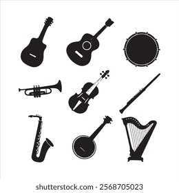 Vector illustration design of musical instruments, musical instrument silhouettes