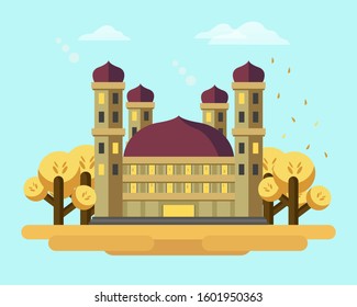 vector illustration design of a Muslim mosque with trees surrounding it