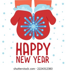 Vector illustration. Design for a New Year's card. Red mittens, snowflake, happy new year