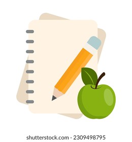 Vector illustration design of notepad with pencil and green apple isolated on white background.