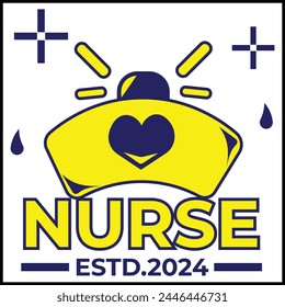 vector illustration design of nurse est.2024 with a nurse's hat in a simple style and yellow and blue colors. suitable for logos, icons, posters, advertisements, banners, companies, t-shirt designs, s