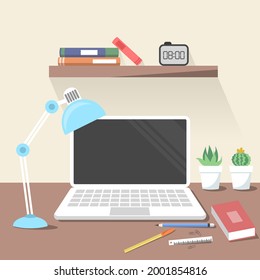 vector, diseño de ilustración de la sala de oficinas, espacio de trabajo para crear su idea , con portátil blanco sobre fondo de pared y objeto. 